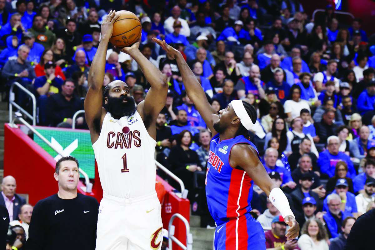 Cleveland Cavaliers guard James Harden (left) shoots on Detroit Pistons guard Caris LeVert in Game 5 of the 2026 NBA playoffs. (Rick Osentoski / Imagn Images via Reuters)