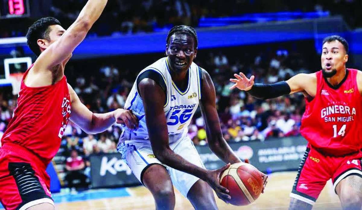 TNT Tropang 5G's Bol Bol in action against the Barangay Ginebra San Miguel Kings in the PBA Season 50 Commissioner's Cup. (PBA Media photo)