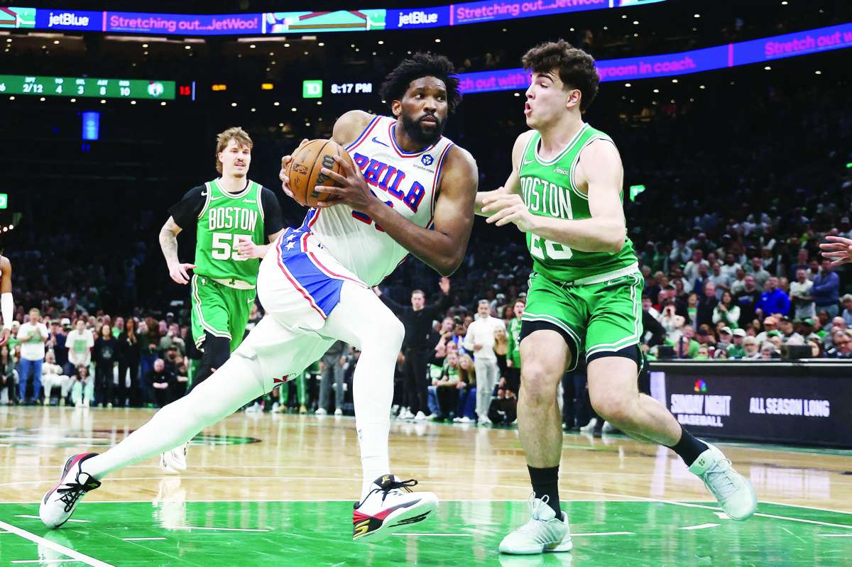 Joel Embiid (left) drives on Hugo Gonzalez during Game 7 of the 2026 NBA playoffs. (Winslow Townson / Imagn Images / Reuters)