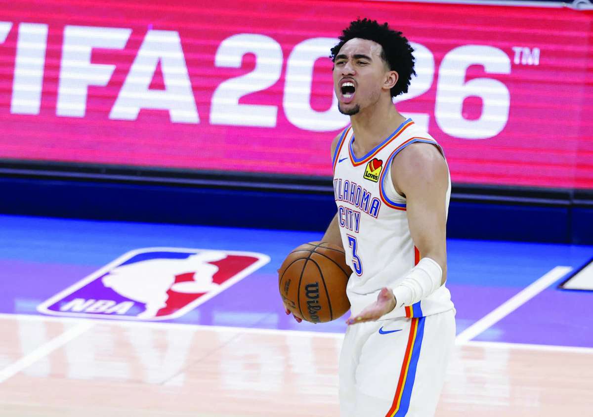 Oklahoma City Thunder guard Jared McCain reacts after a basket against the San Antonio Spurs in Game 5 of the Western Conference finals. (Alonzo Adams / Imagn Images / Reuters)
