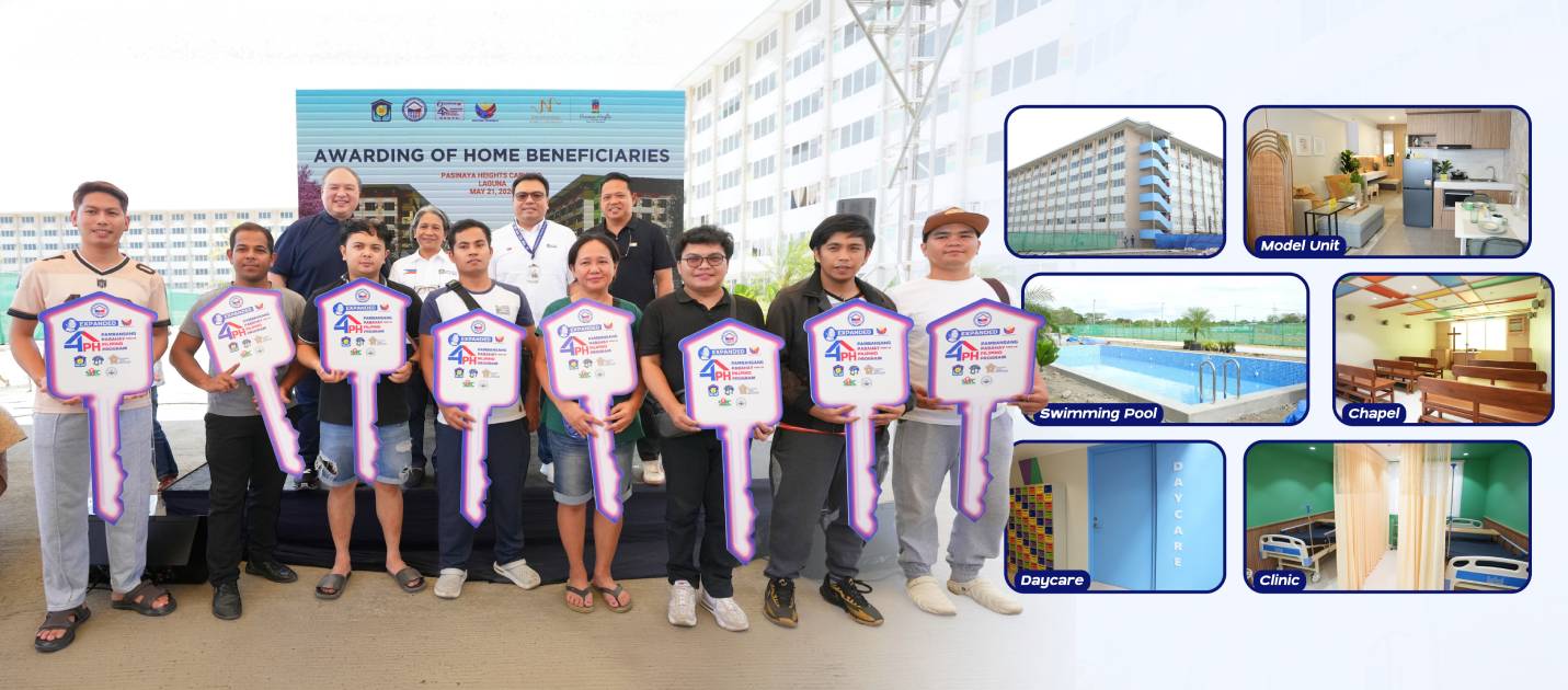 From left, Joy~Nostalg Group CEO Jacinto Ng Jr., Pag-IBIG Fund CEO Marilene C. Acosta, DHSUD Secretary Jose Ramon P. Aliling and Cabuyao Mayor Dennis Hain join new condominium unit owners of Pasinaya Heights in Cabuyao, Laguna, during the ceremonial turnover of housing units purchased through the Pag-IBIG Housing Loan. The beneficiaries enjoy Pag-IBIG Fund’s subsidized 3% interest rate for socialized housing under President Ferdinand R. Marcos Jr.’s Expanded Pambansang Pabahay para sa Pilipino Program.