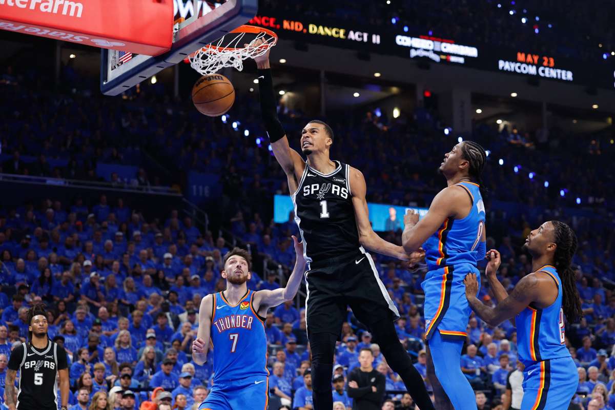 San Antonio Spurs center Victor Wembanyama dunks the ball against the Oklahoma City Thunder. (Alonzo Adams / Imagn Images via Reuters)