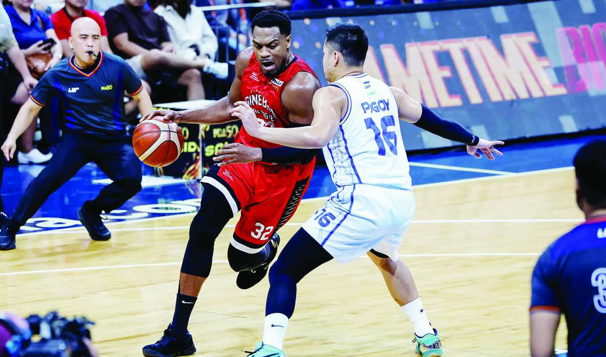 Barangay Ginebra San Miguel Kings’ Justin Brownlee against TNT Tropang 5G’s Roger Pogoy in Game 3 of the PBA Season 50 Commissioner’s Cup finals. (PBA Images)