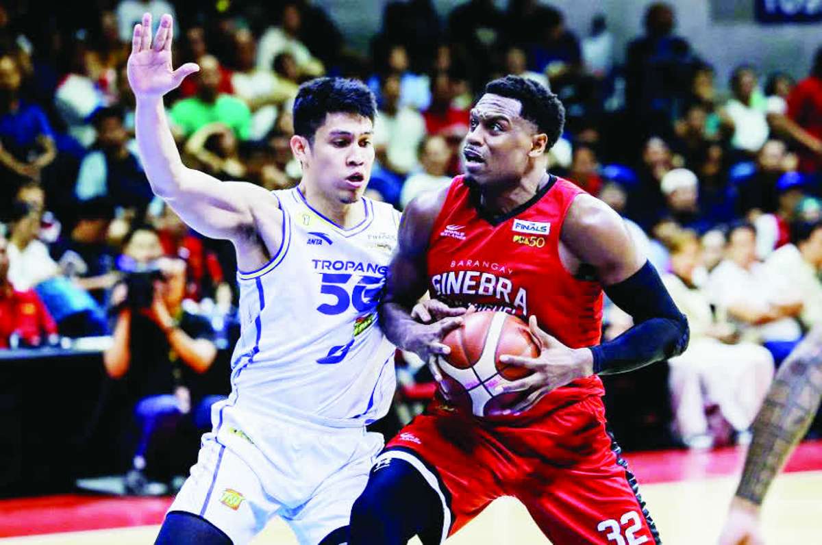 Barangay Ginebra San Miguel Kings’ Justin Brownlee against TNT Tropang 5G’s Calvin Oftana in Game 1 of the PBA Season 50 Commissioner’s Cup finals. (PBA Images)