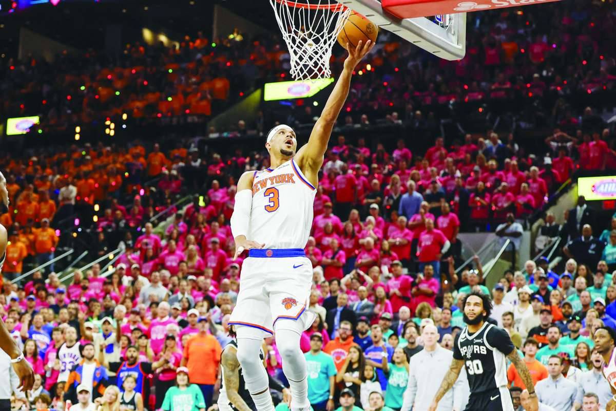 New York Knicks guard Josh Hart drives to the basket against the San Antonio Spurs during Game 1 of the 2026 NBA finals. (Geoff Burke / Imagn Images via Reuters)