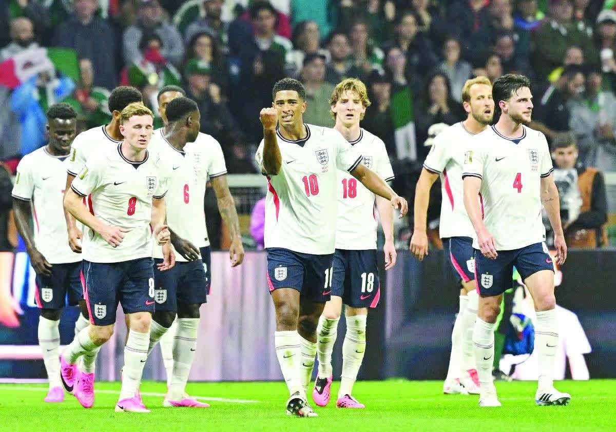 England's midfielder (10) Jude Bellingham celebrates scoring his team's first goal during the 2026 World Cup Round of 16 football match between Mexico and England at the Mexico City Stadium on July 5, 2026. (Alfredo Estrella / AFP photo)