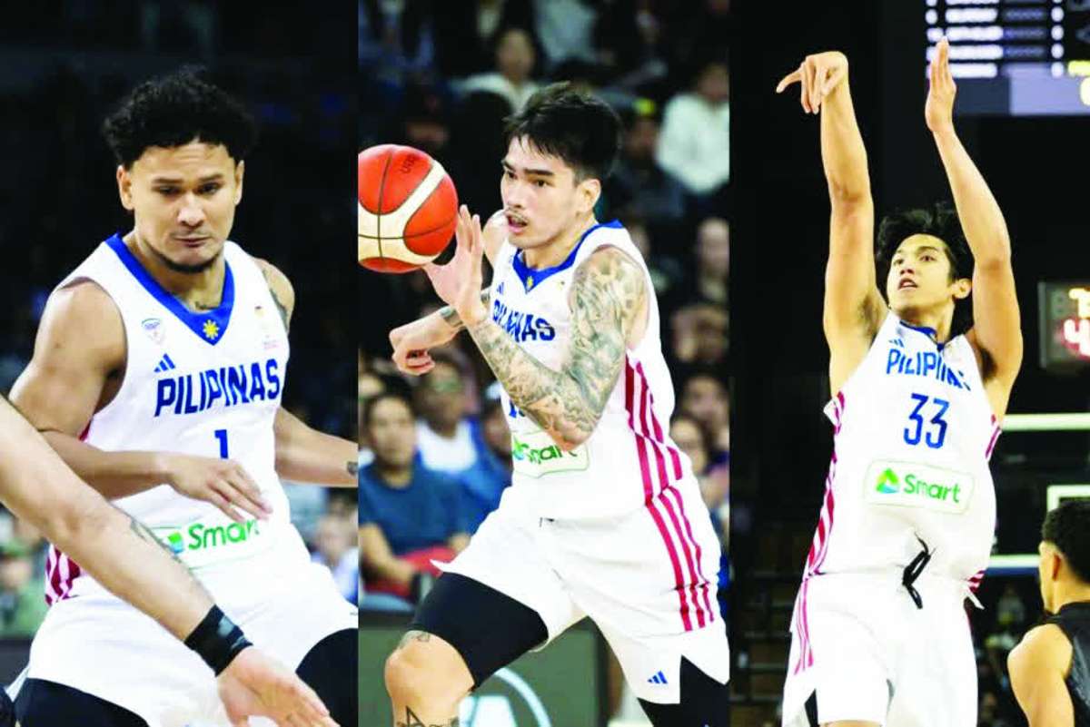 Gilas Pilipinas’ Juan Gomez de Liaño, Kevin Quiambao and Carl Tamayo against New Zealand in the 2027 FIBA World Cup Asian Qualifiers. (FIBA photo)