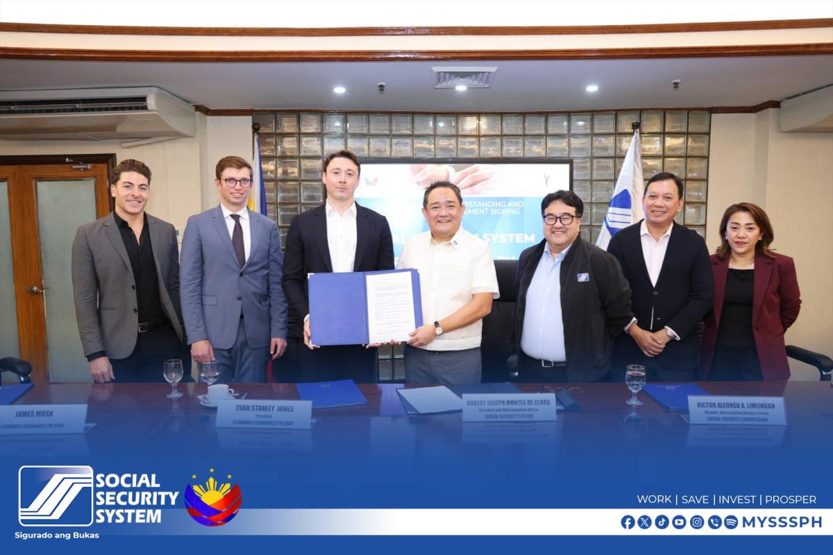 Social Security System (SSS) President and Chief Executive Officer Robert Joseph M. de Claro (4th from left) and Standard Economics President and Chief Executive Officer Evan Stanley Jones (3rd from left) inked the MOU to formalize the partnership for the implementation of the upcoming SSS Micro Loan Program. Also present during the MOU signing representing Standard Economics were James Musk (2nd from left), Paul Del Vecchio (left), Juan Paolo Villonco, and Atty. Mark Tiaoqui while representing SSS include Social Security Commission (SSC) Commissioner Victor Alfonso A. Limlingan (5th from left), Senior Vice President for Lending and Asset Management Group Pedro T. Baoy (6th from left), and SSS Senior Vice President for Member Services and Support Group Joy A. Villacorta (right).